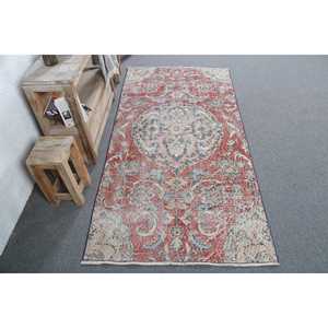 Vintage Rug 3.1x6.4 ft, <b>Red</b> Blue Solid <b>Wool</b> Turkish Rug - Product Image 1