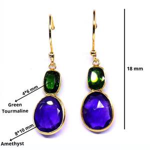 Boucles d'oreilles en argent sterling 925 de style vintage en tourmaline verte plaquée or et pierres précieuses d'améthyste - Product Image 2