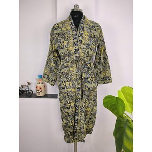 Boho Men's Soft Silk Kimono Elegant Blue Yellow Paisley Print Regal Persian King Robe for Beach or House Swimsuit Cover Ups - Product Image 3