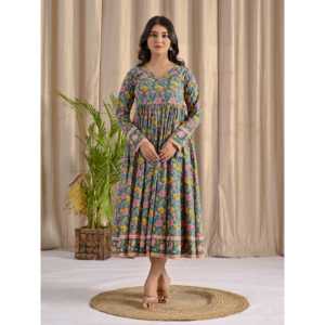 Vestido Largo Azul Marino Angrakha con Cintura Imperio, Estilo Boho Elegante, Estampado Floral Jaal, Sin Cremallera, Ideal para Bodas y Fiestas, ODM - Product Image 6