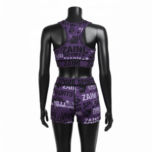Conjunto de Shorts para Mujer, 240 GSM, Tela Elástica de Poliéster y Spandex, Morado y Negro, Logotipo Personalizado por Transferencia Térmica, Conjunto de Shorts de Algodón para Mujer - Product Image 2