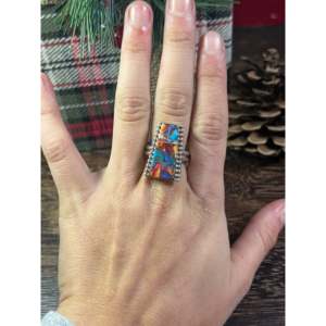 Wilbert <b>Boho</b> Style Statement <b>Ring</b> Platinum Grey Mohave Turquoise Sterling <b>Silver</b> Bezel Setting Smooth Size 9.5 Everyday Wear - Product Image 2