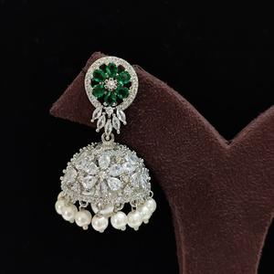 Designer <b>Silver</b>-Plated CZ <b>Jhumka</b> Earrings Sparkling Zircon Stones for Wedding Engagement Party Wear Fashion Accessory Mainly - Product Image 1