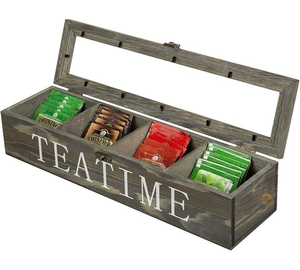 <b>Wooden</b> Tea Box WoodenVintage Gray Wood Tea Box Organizer <b>Storage</b> Box with 4 Compartments, Tea Bags and Condiments <b>Chest</b> with Lid - Product Image 1
