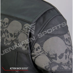 เสื้อแจ็คเก็ตรถจักรยานยนต์กันลมผู้ชายพร้อมกะโหลกพิมพ์หนัง Cowhide ของแท้หนังเรียบซิปปิดภายในซับใน - Product Image 3