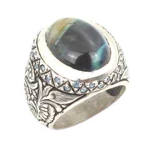 Men's 925 Sterling Silver <b>Ring</b> with <b>Turquoise</b> Obsidian Stone IGI Certified Rhodium Plated Fine Jewelry for Everyday Wear - Product Image 1