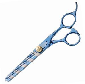 Ciseaux amincissants de coiffeur en acier allemand de couleur bleu clair avec repose-doigt fixe Ciseaux amincissants de coiffeur à bord tranchant - Product Image 4