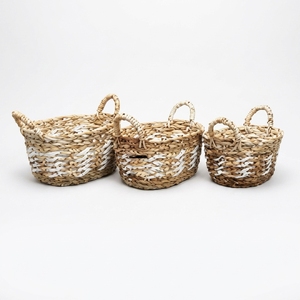 Juego de Cestas de Almacenamiento de Jacinto de Agua Natural, Diseño Ovalado con Patrón Blanco, Organizador de Mesa, Decoración, Diseño Artístico Puro - Product Image 3