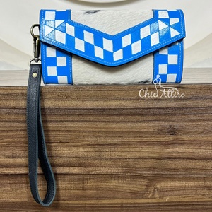Nuevo Bolso de Mano Tipo Clutch de Cuero Vacuno Auténtico con Diseño a Cuadros Azul y Blanco, Cartera Larga con Tarjetero para Mujer - Product Image 1