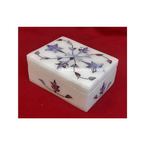 Conception de fleur d'incrustation de nacre bleue de marbre blanc léger avec boîte à bijoux en forme de rectangle de marbre naturel de finition fine - Product Image 1