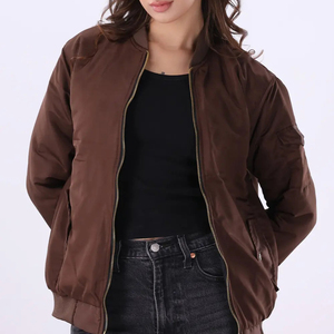 Chaqueta Bomber Marrón Chocolate para Mujer, Diseño Clásico con Cremallera Completa, Bolsillo Utilitario en el Brazo, Prenda Exterior Informal Ligera, Moda Otoñal - Product Image 2