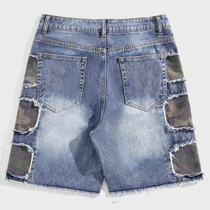 Premium Quality <b>Men</b> Streetwear 2025 Custom Washed Distressed <b>Camo</b> Patchwork Zipper Fly Denim Jean <b>Shorts</b> OEM Serviced - Product Image 6