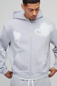 Sweats à capuche pour hommes gris 330GSM surdimensionnés Boxy Fit Heart Printed Zip Up Through Cotton Blended New Design Hoodies Men Vente en gros personnalisé - Product Image 6