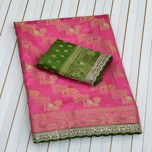 Sari en soie Dola VASTRA COTTAGE avec tissage Meenakari Zari, pallu brodé, bordure en cordon de séquence avec blouse contrastée - Product Image 6
