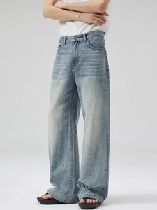 Jean en denim délavé taille haute pour homme, coupe ample, jambe large, style décontracté en coton, collection printemps - Product Image 4