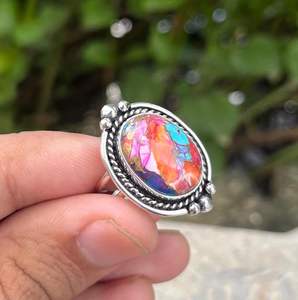 Lunette ovale faite à la main en argent Sterling rose Dahlia Turquoise Kingman Turquoise Bague de mariage en forme d'huître épineuse Cadeau de Noël - Product Image 3