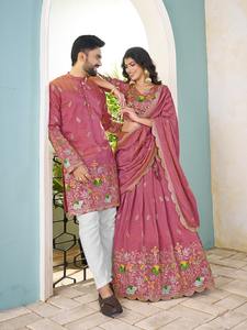 Lehenga semi-point étoile en soie pure de qualité supérieure pour femmes avec chemisier décousu et kurta pour hommes readymade - Product Image 3