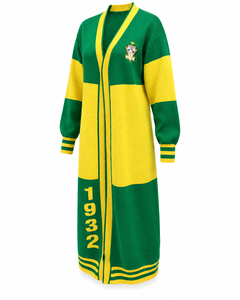 Cardigan en maille pour femme, vert et jaune, à blocs de couleur, col en V, manches longues, logo brodé, coupe ample, longueur genou, vente en gros - Product Image 2
