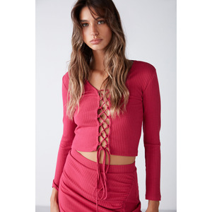 ETHIQUET Agneska Blouse courte à manches longues pour femme, col en V, en tissu extensible, style tricoté, avec lien croisé - Product Image 4