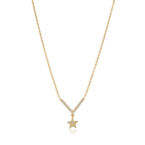 Collier avec pendentif minimaliste en forme d'étoile, pierre en zircon clair, fabrication artisanale turque, rhodié, argent sterling 925, mariage - Product Image 1