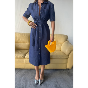 Vestido Corto Azul para Club, con Botones Delanteros y Manga Corta, en Tencel - Product Image 4