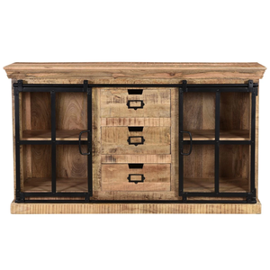Aparador de madera maciza de mango y diseño de puertas de cristal rústico de hierro - Product Image 1