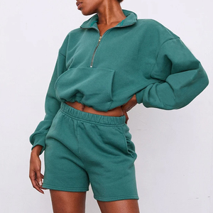 2024 été personnalisé ajouter Logo solide dentelle coton sweat survêtement survêtement demi fermeture éclair 2 pièces ensemble polaire femmes - Product Image 4