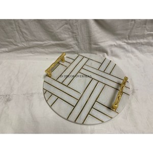 Beau look de forme rectangulaire de qualité supérieure en marbre plateau de service avec des bandes dorées concepteur de l'Inde à bas prix - Product Image 3