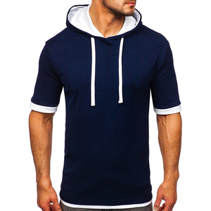 Camiseta con Capucha de Manga Corta Azul Marino para Hombre, con Ribete Blanco en Contraste, Logotipo Frontal, Transpirable, Corte Regular, Estilo Casual, Tejido de Punto - Product Image 4