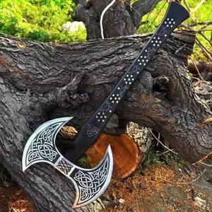 Hache viking à double tête faite à la main, très vendue, en acier à haute teneur en carbone, forgée, hache de bataille à double tranchant avec étui en cuir - Product Image 3