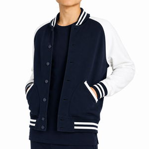 Men's Navy White Varsity Jacket Casual Style Regular Fit <b>Covered</b> <b>Button</b> Closure Stand Collar Knitted Polyester Quick Dry Winter - Product Image 5
