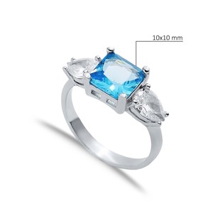 Square Aquamarine Pear <b>CZ</b> Stone Cluster <b>Ring</b> Wholesale Turkish Handmade 925 Sterling Silver Jewelry for Women - Product Image 2