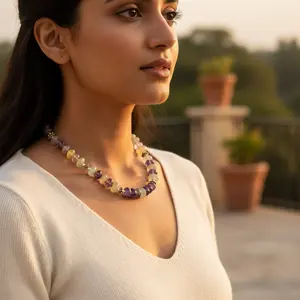 Collier bohème vintage en pierres précieuses, perles violettes, vertes, turquoise, grenat, jade avec plaqué or, bijoux élégants, cadeau - Product Image 2