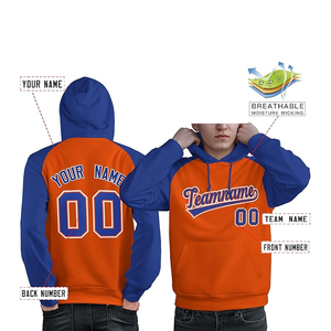 Sweat à capuche raglan personnalisé pour homme, orange et bleu, avec impression du nom et du numéro de l'équipe, design personnalisé devant et derrière, coupe classique, vêtement d'automne - Product Image 2