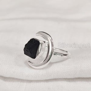 Joyería de piedra en bruto, anillo para mujer, Natural piedra preciosa de turmalina negra, piedra natal de octubre, anillo de luna creciente, anillo de Plata de Ley 925 - Product Image 1