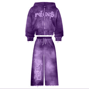 Conjunto de Sudadera con Capucha y Pantalones Deportivos Extra Grandes para Hombre, 100% Algodón, 430 g/m², Estilo Vintage, Lavado Ácido, con Estampado 3D y Pedrería - Product Image 2