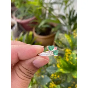 Bague en argent 925 avec émeraude naturelle taille princesse, plaquée rhodium, ornée d'une perle de jade, pour fiançailles, en platine - Product Image 3
