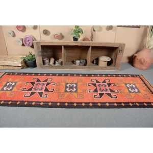 Tapis en laine turque vintage 31x101 pieds tapis orange tissage plat Patchwork Design pour décorations de salon - Product Image 4