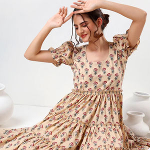 SADABHAR, vestido escalonado de algodón hecho a mano para mujer, minivestido informal con estampado Floral y bordado para primavera, Otoño e Invierno - Product Image 1