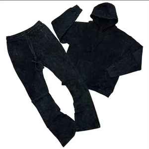 Custom Sweat Jogger Stacked Pants Set Chándales 2 piezas Sweatsuit Desgastado Bordado Sudadera con capucha y pantalones acampanados Conjuntos para los hombres - Product Image 5