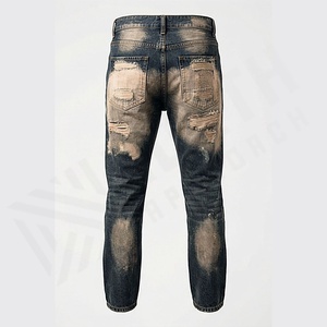 Jeans slim pour homme de haute qualité, denim, patch au genou, coupe droite, taille haute, délavé clair, super couture, couleur personnalisée - Product Image 2