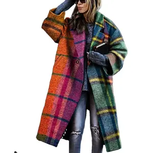 Yeni şık kadın kış bambu elyaf paltolar kadın Patchwork ofis giyim Vintage rahat düğme yün uzun palto