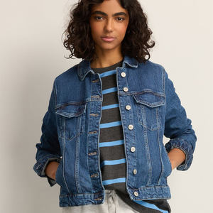 Veste en jean ajustée bleu foncé pour femme, fermeture à boutons, prix usine de haute qualité, coton confortable pour toutes les saisons, OEM - Product Image 1