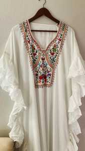 Robe Kaftan Maxi Blanche à Volants, Style Bohème Doux, Lavable, Écologique, Broderie Machine, Cache-Maillot de Plage, Vêtement de Vacances pour Femme - Product Image 2