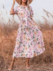 Robe décontractée en jersey pour femme grande taille, col rond noué, plissée, avec ceinture, imprimé floral tendance, taille naturelle, approvisionnement ODM - Product Image 6