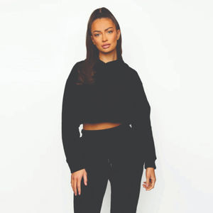 Ourlet brut épaule tombante 52% Airlume peigné et anneau filé coton 48% Poly polaire gris foncé femmes recadrée polaire à capuche - Product Image 1