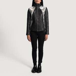 Alia Autumn Biker <b>Jacket</b> in Metallic Black Satin Quilted Sheep Skin Custom Logo Bomber/Varsity/Western Style Short Length <b>Blazer</b> - Product Image 4