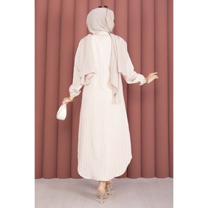 Túnica de Mujer Beige a Rayas, Suave, de Manga Regular, con Botones, Conjunto de Dos Piezas, Decoración Chic con Botones - Product Image 4