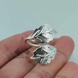 Dual Leaf Sterling <b>Silver</b> <b>Statement</b> <b>Ring</b> Handmade Size Adjustable Design Plant Lover Gift for Her Birthday Anniversary Christmas - Product Image 6