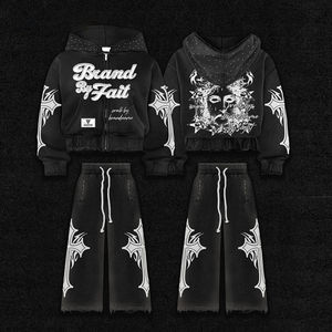 Ensemble de survêtement et de pantalon de survêtement pour homme, style streetwear, surdimensionné, imprimé sur toute la surface, avec strass, effet délavé - Product Image 2